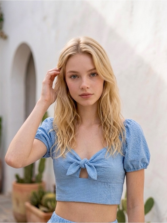 Altar'd State Tops - Altar'd State Light Blue Tie-Front Puff Sleeve Crop Top